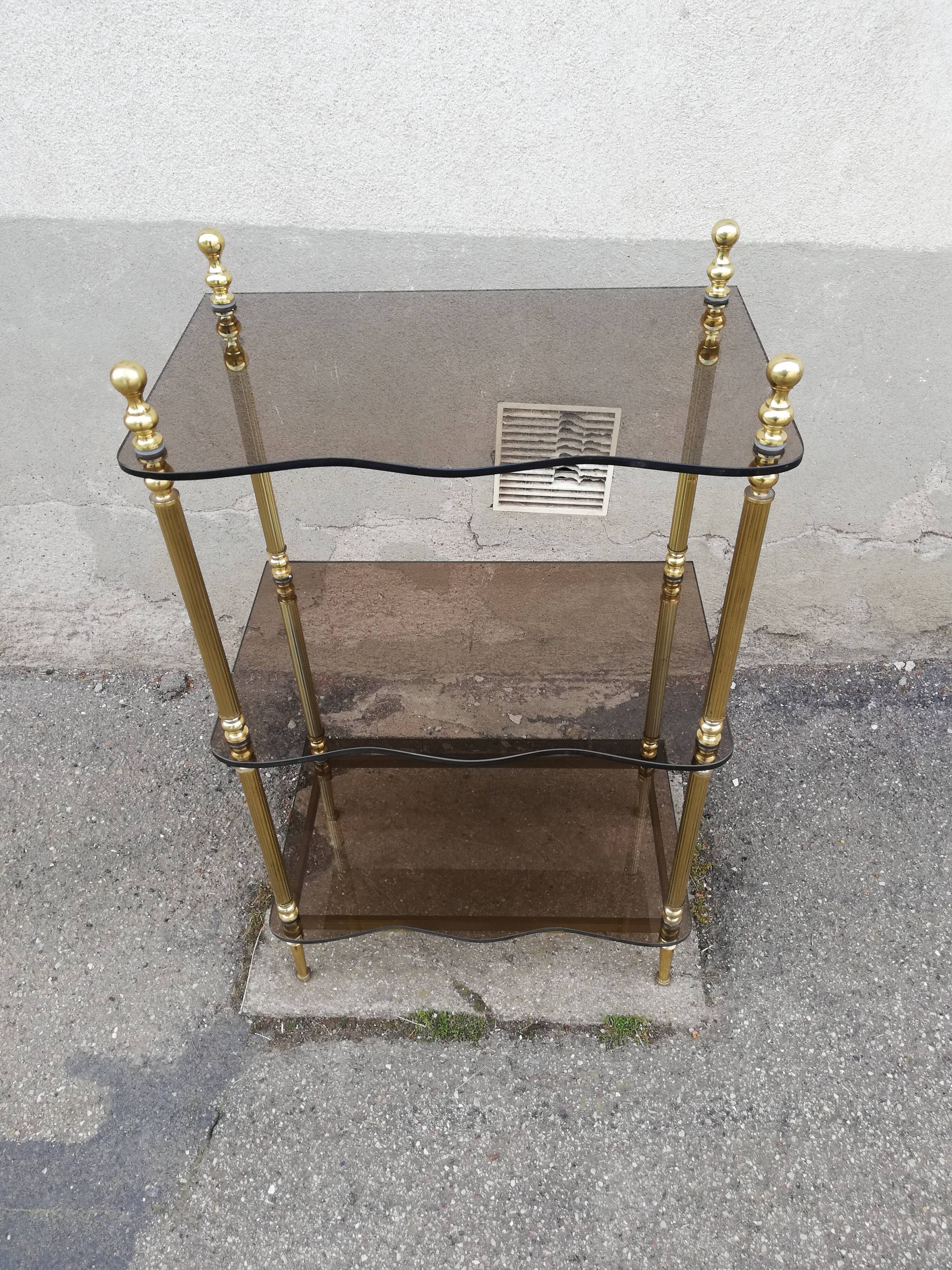 Shelf vintage brass 3 trays smoked glass