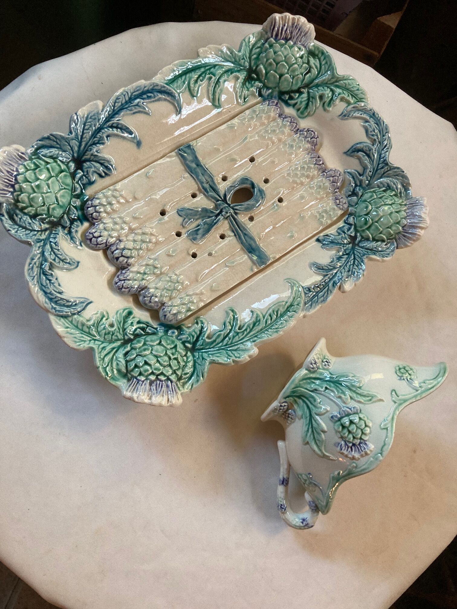 Vintage asparagus dish and sausage