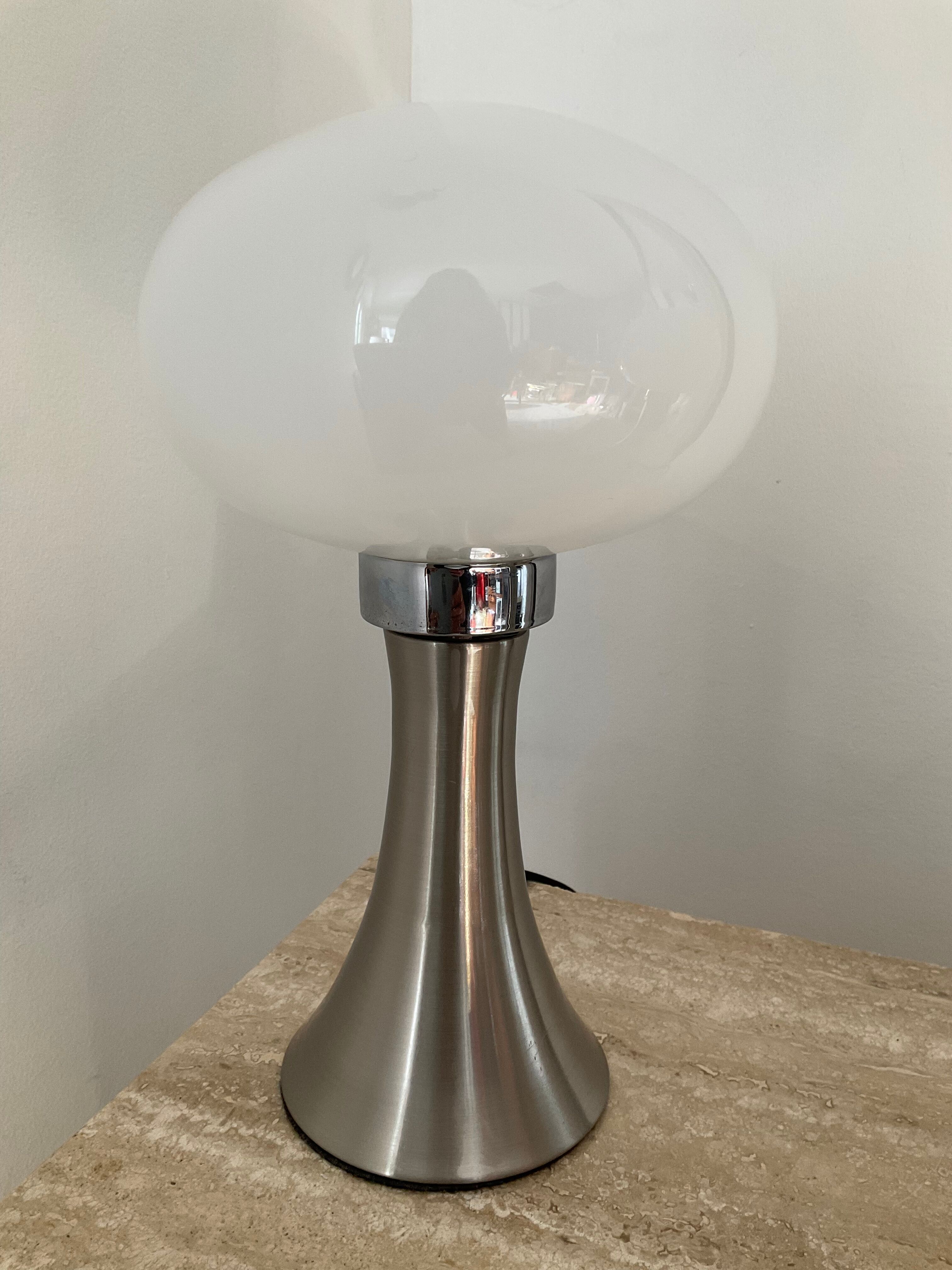 Pair of lamps mushroom opaline and chromed metal 80s