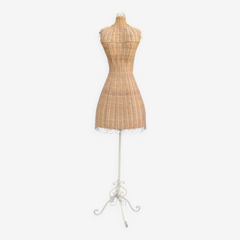 Vintage rattan bust mannequin on wrought iron stand