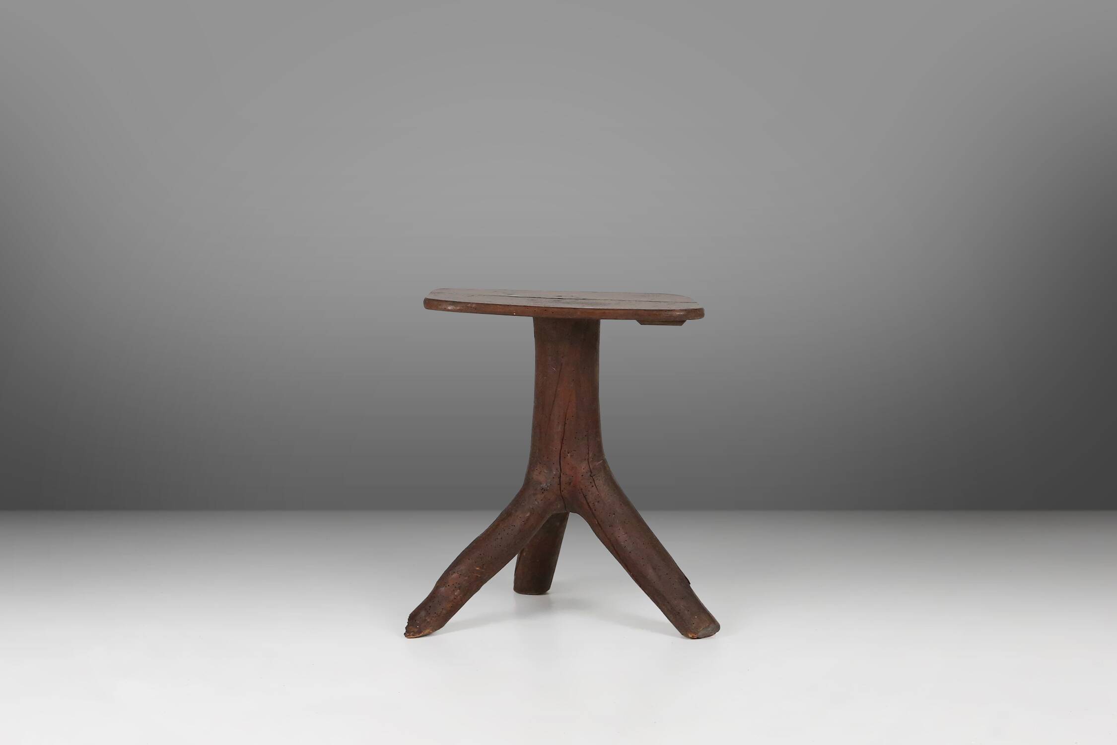 Rustic mid-century wooden stool with legs made of a tree branch, France, 1850