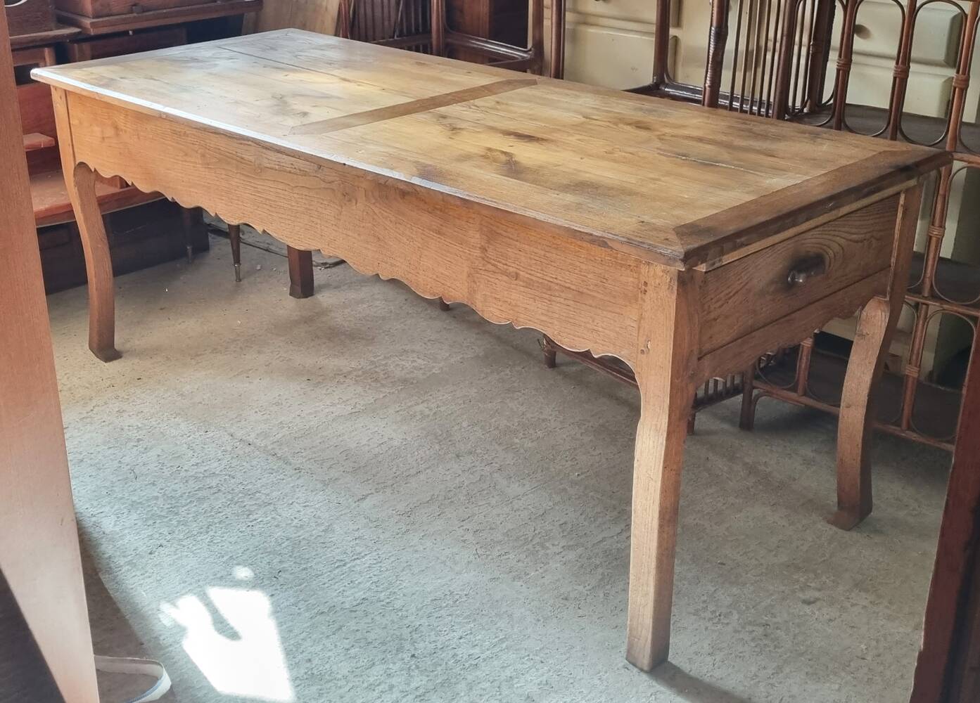 Solid oak farmhouse table, one drawer, vintage, early 20th century.