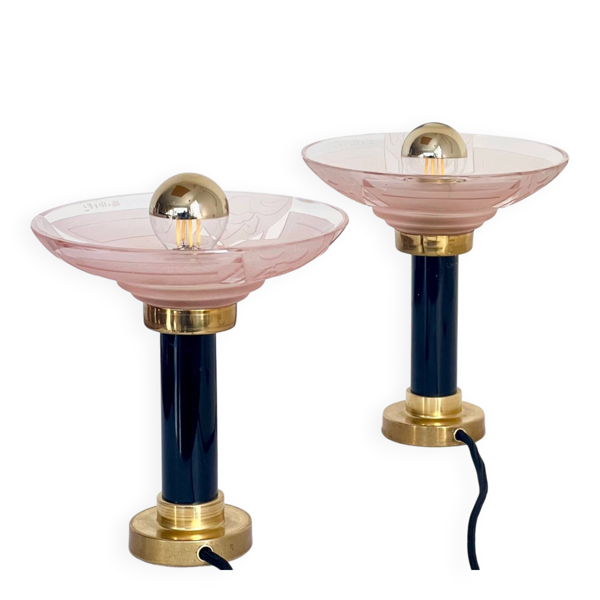Pair of Art Deco bedside lamps, glasses signed Muller