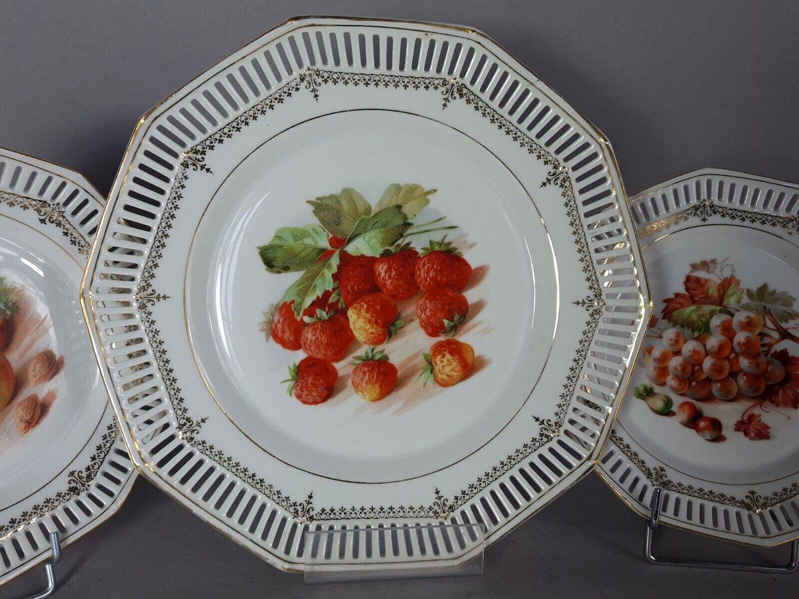 Set of 10 dessert plates & dish, openwork marli & fruits vintage 50s