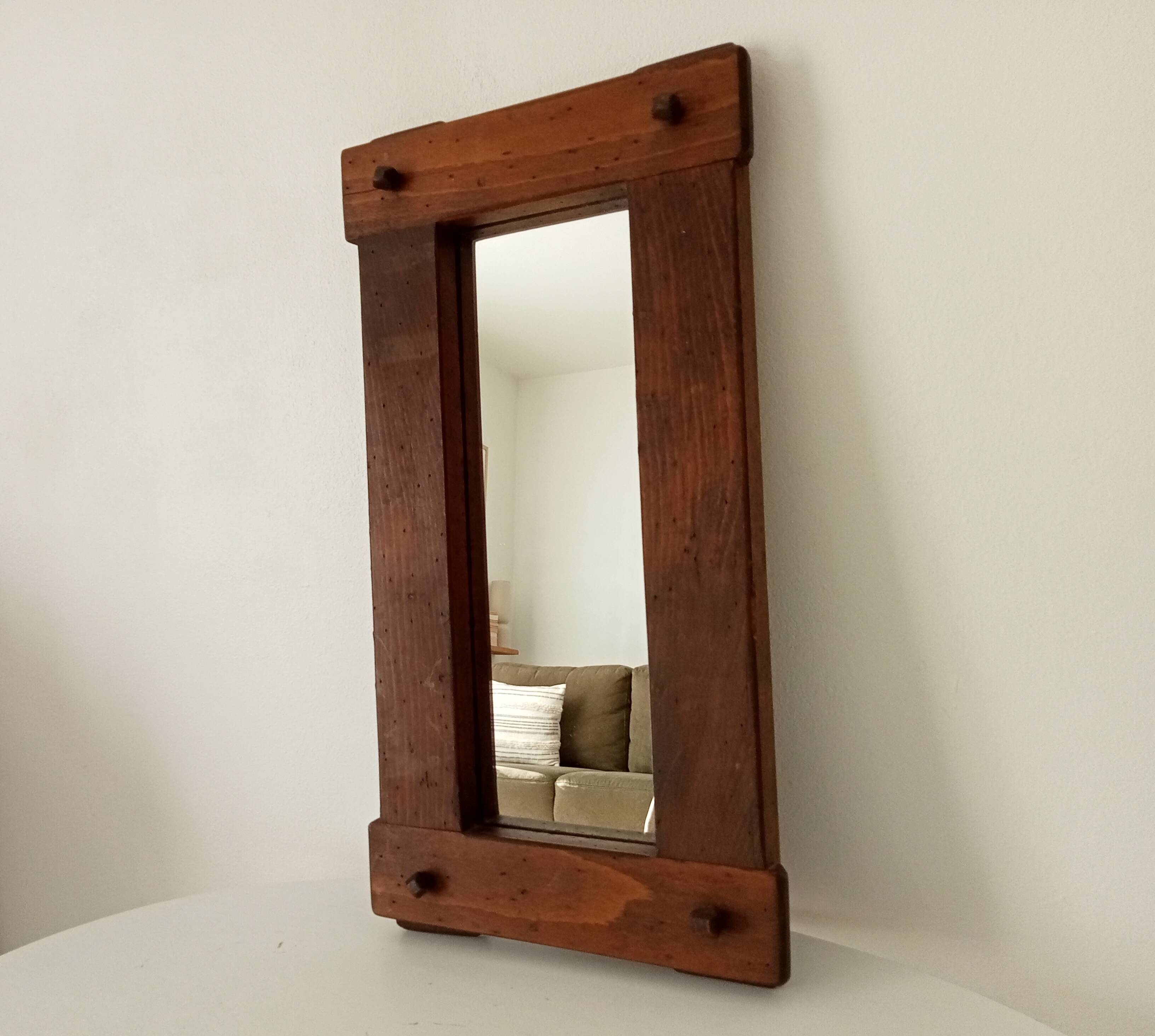 Miroir brutaliste vintage en chêne massif