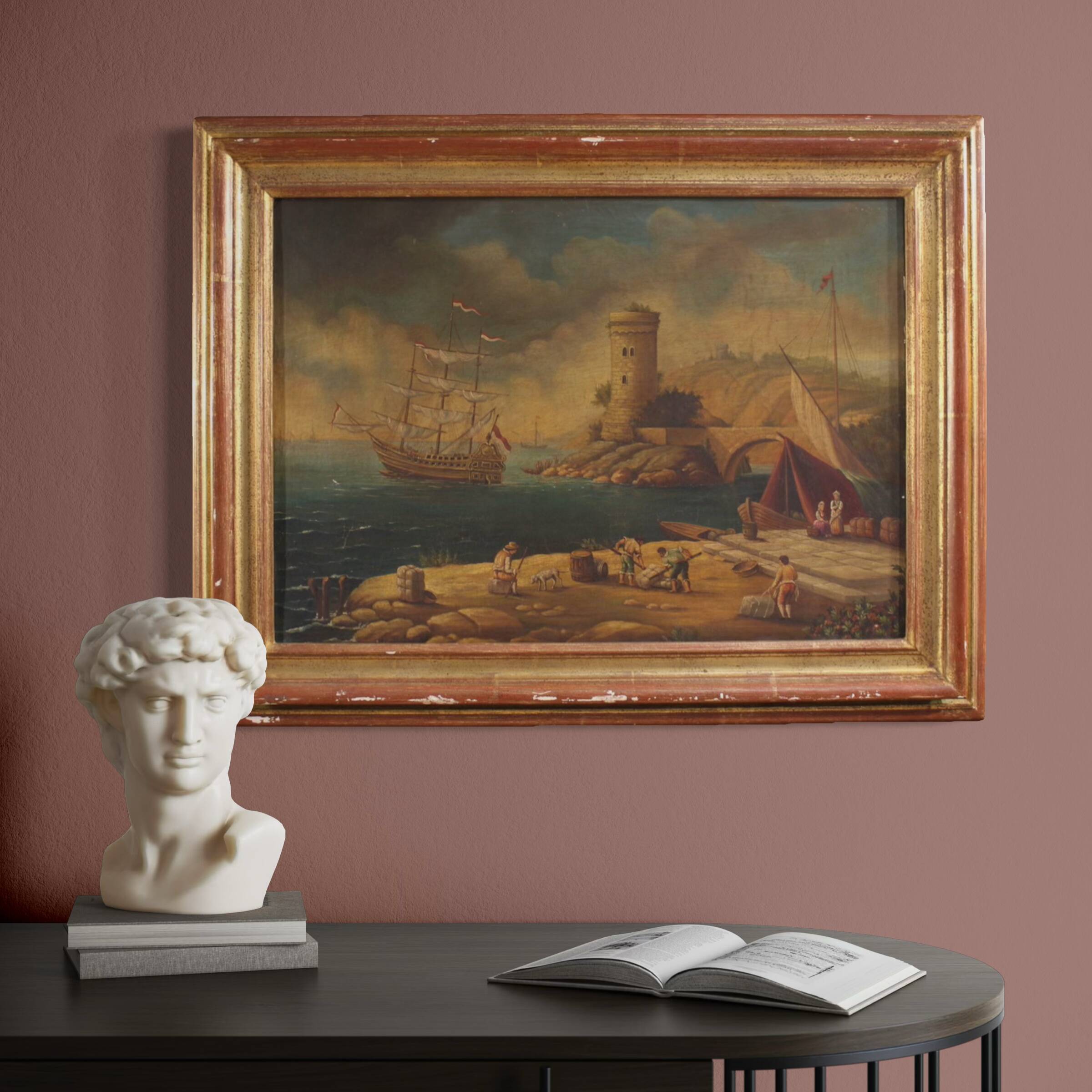 20th century Italian painting of a harbor view