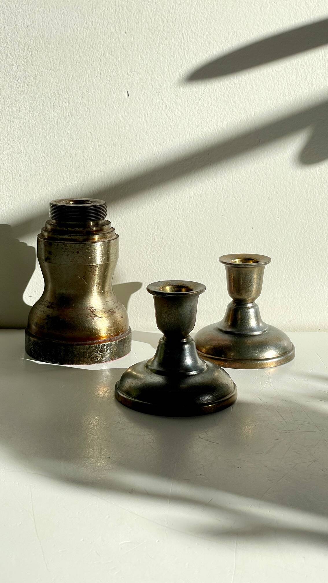 Industrial candle holders steel and silver bronze vintage