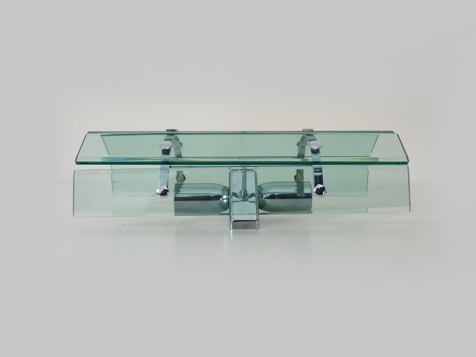 Pair of Italian Veca wall lamps in bluish glass, chrome, double lights