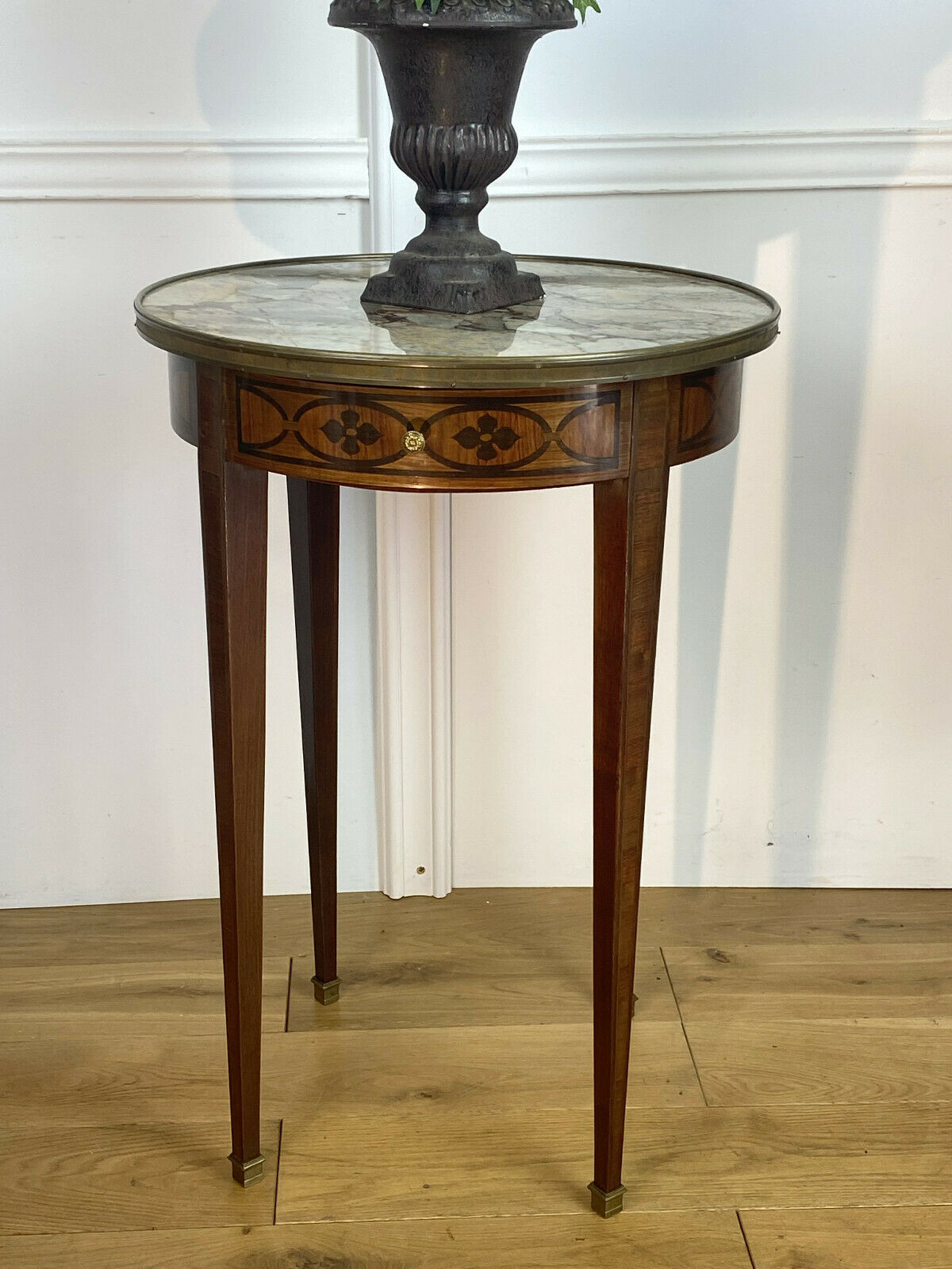 Gueridon in marquetry and marble top of Louis XVI style Napoleon III era