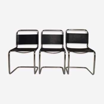 Cantilever leather and chrome chairs, set of 3