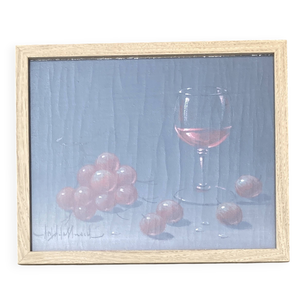 Tableau - Nature morte : Verre de vin et raisins