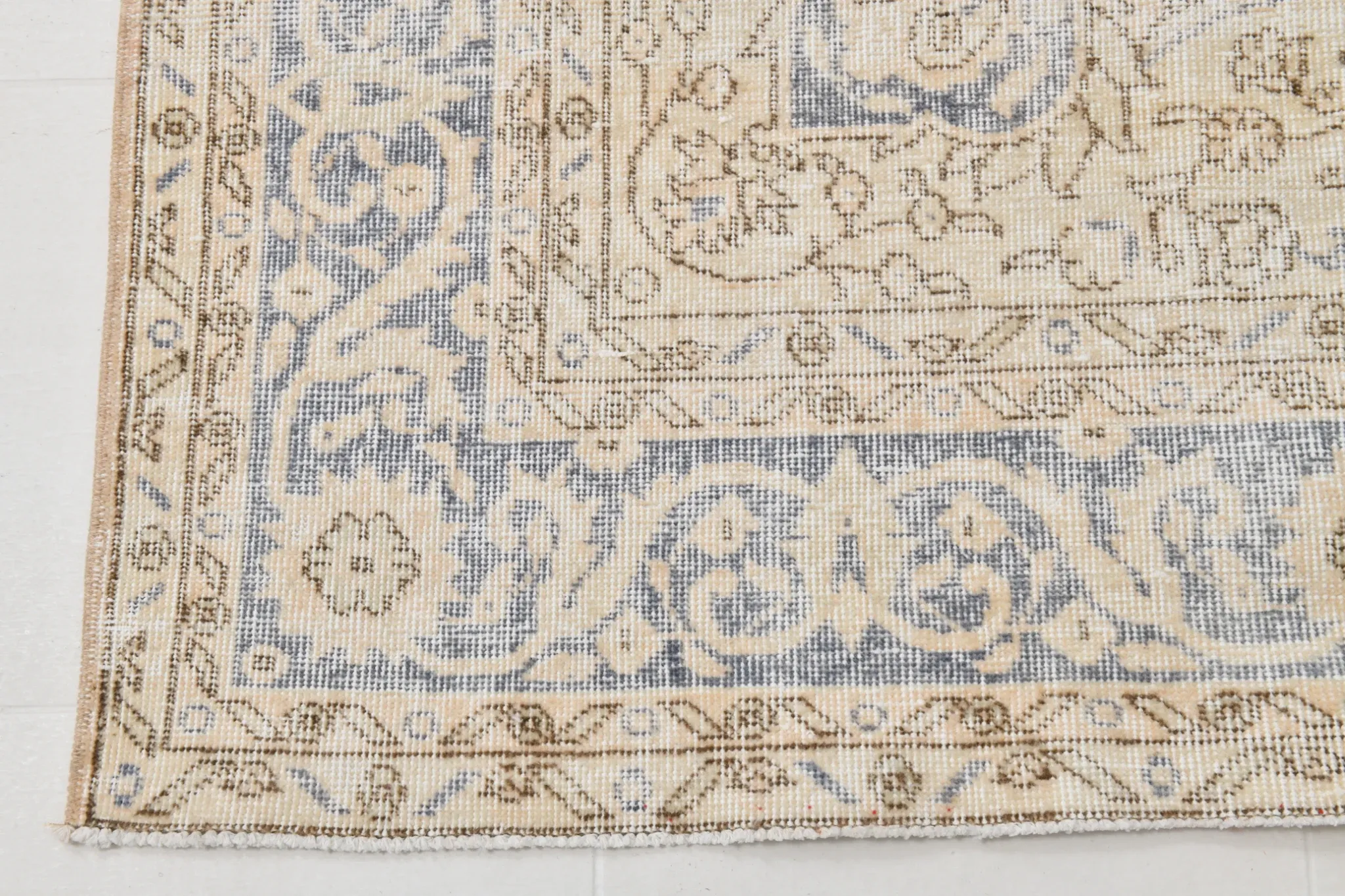 Turkish Pale Yellow & Pale Blue Vintage Rug, Oriental Pattern Wool Carpet
