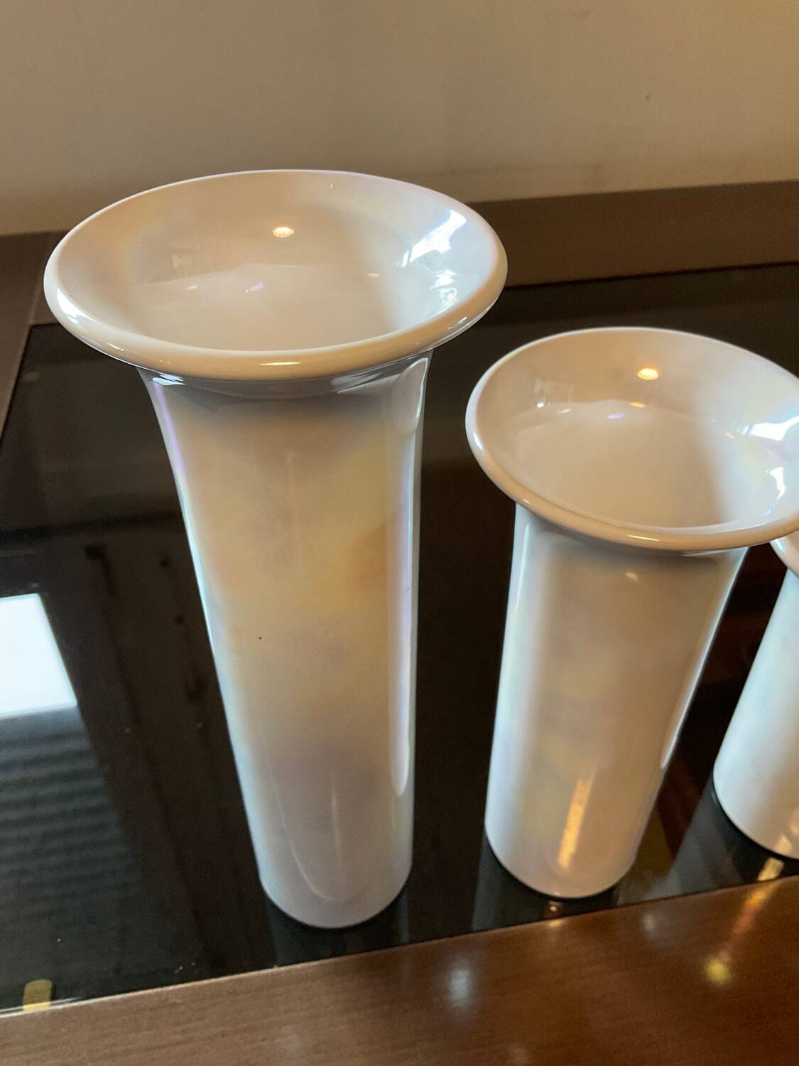 Trio of vintage iridescent ceramic vases