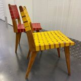 Paire chaises rouge et jaune style Risom vers 1950