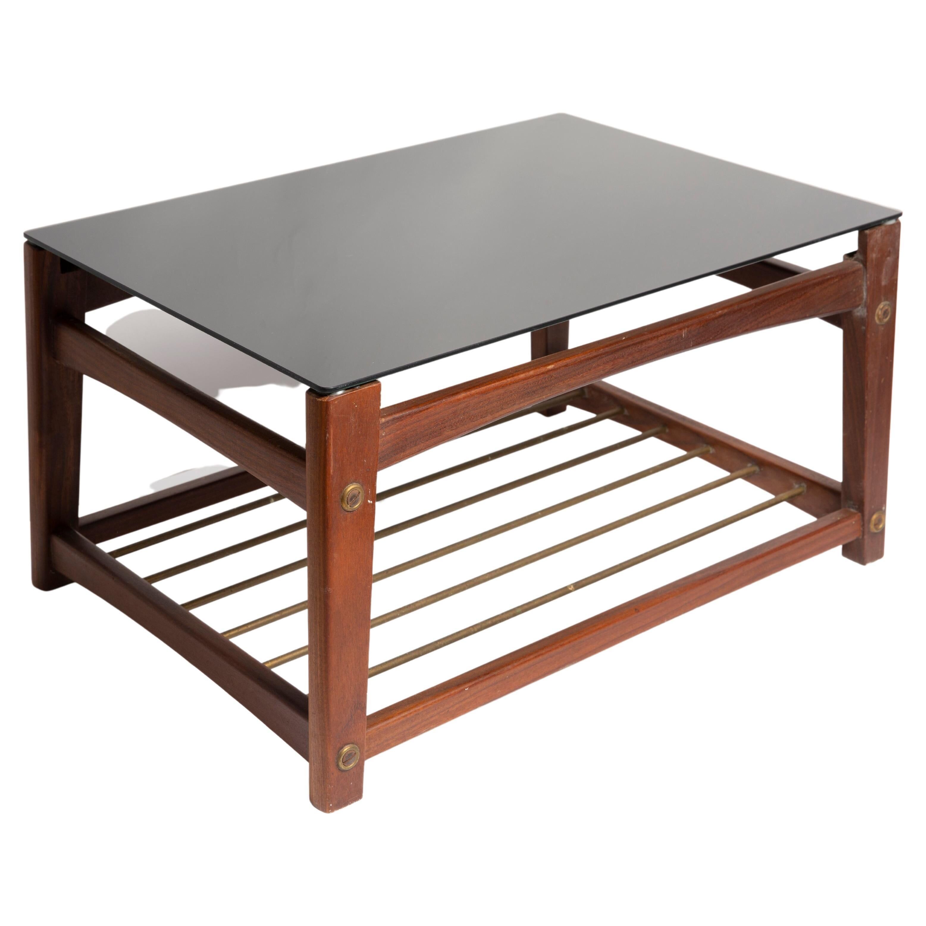 Mid-century Swedish coffee table, black glass and teak wood, 1960s.