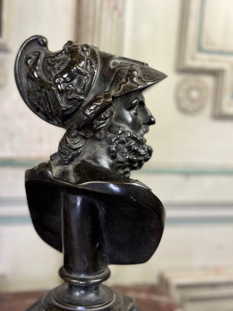 Bust of Ajax, bronze with black patina on a black Belgian marble base, 19th century.