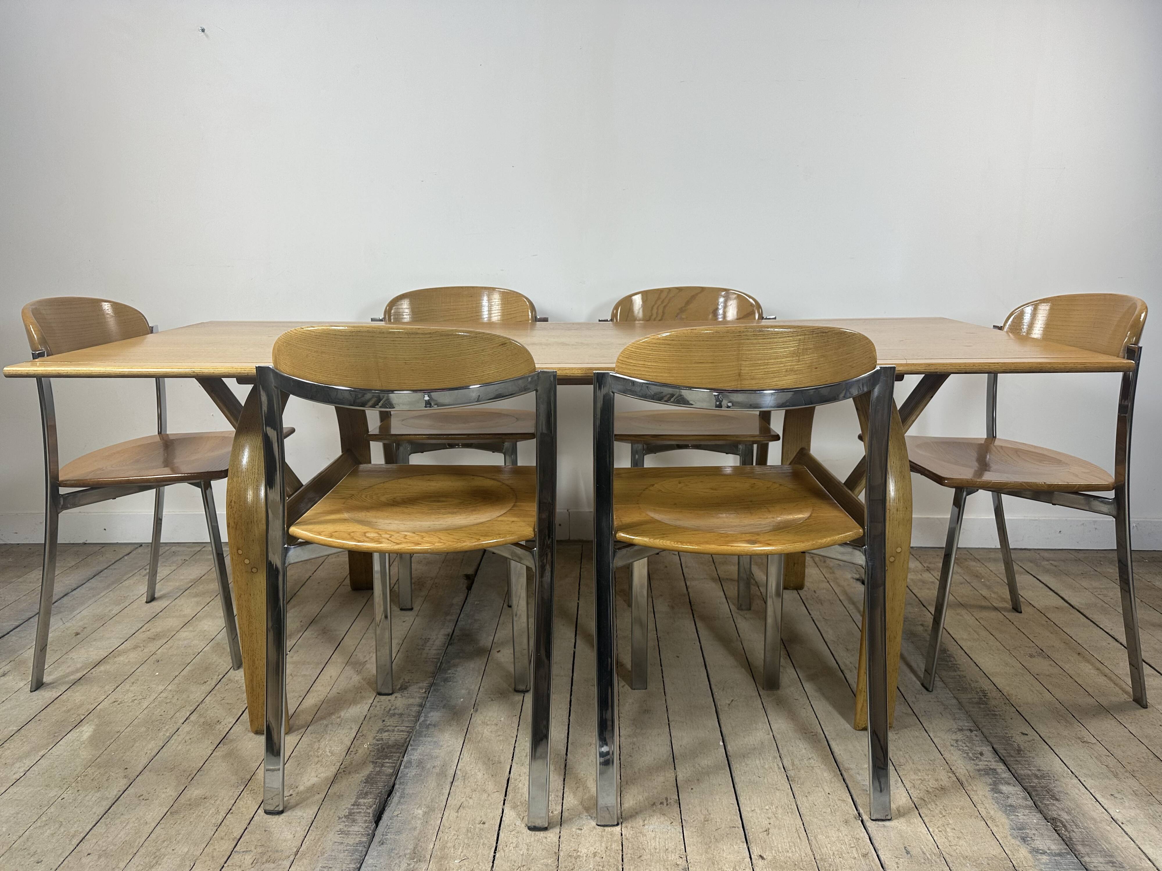Vintage 1980s oak and chrome dining table + 6 chairs.