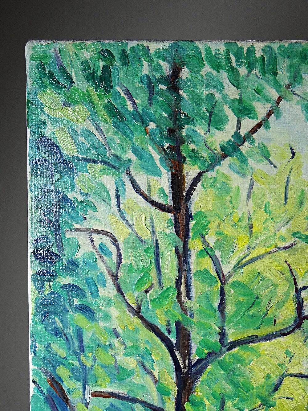 Modern colourful landscape tableau oil on canvas vintage village signed Gaulot