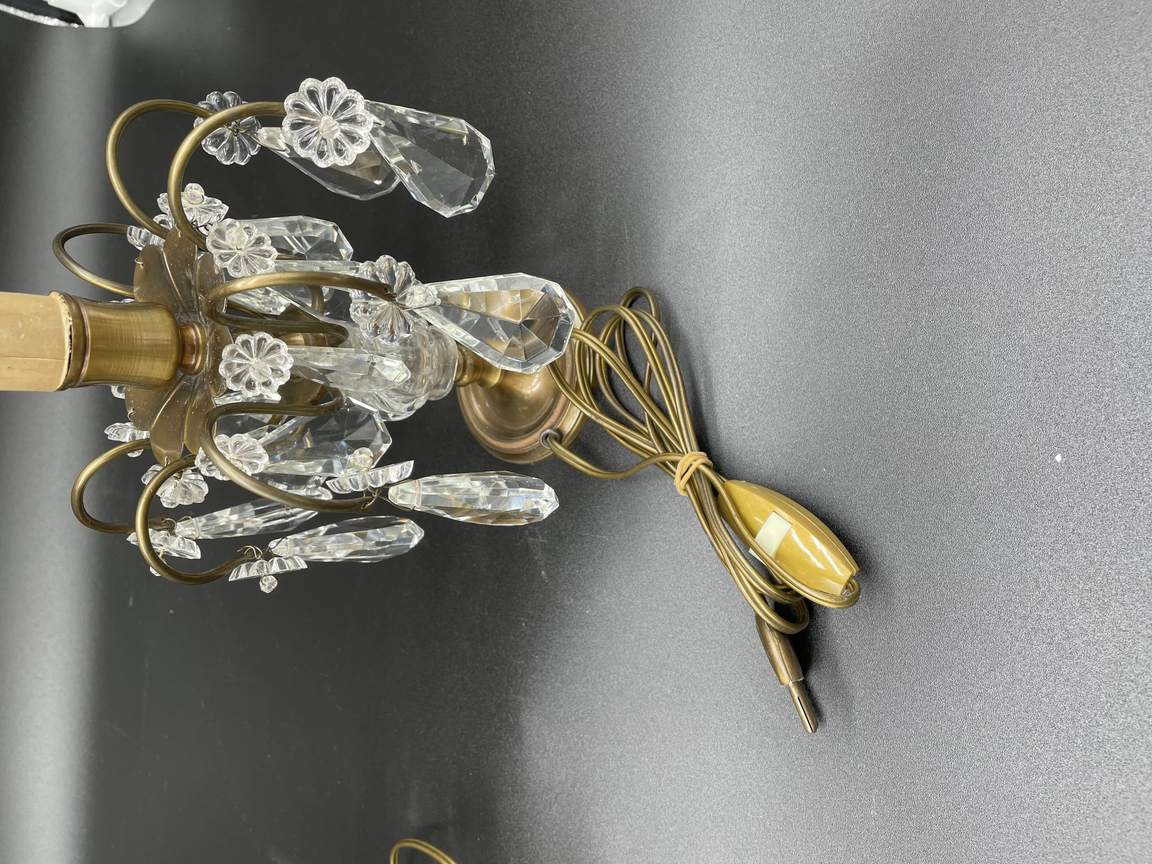 Antique, pair girandoles, candle holders, gilded brass, tassels, glass, drops, florets, 1 burner