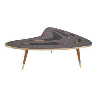 Boomerang tripod coffee table in mosaic and brass.