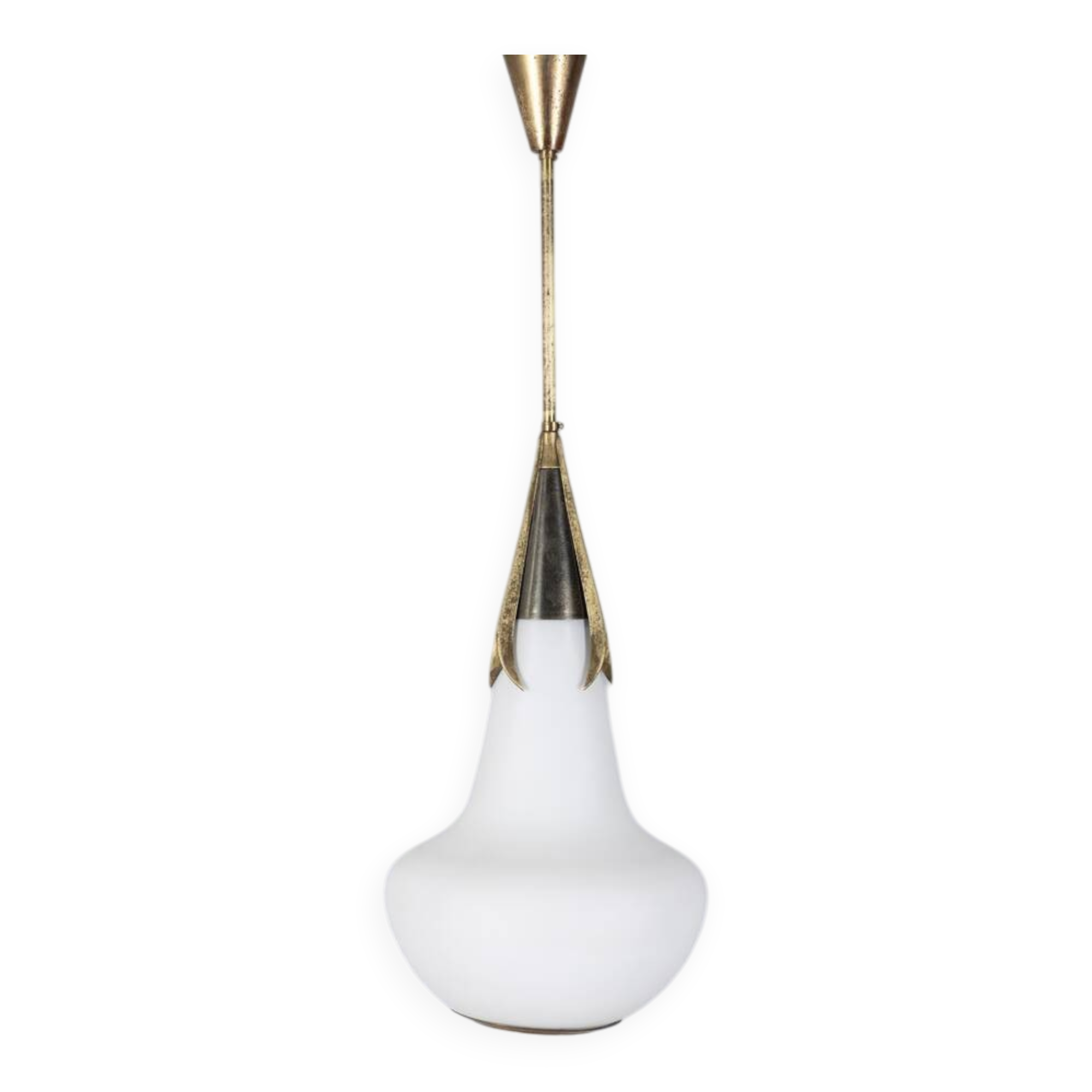 Vintage 1960s brass and opaline glass chandelier, designed by Stilnovo