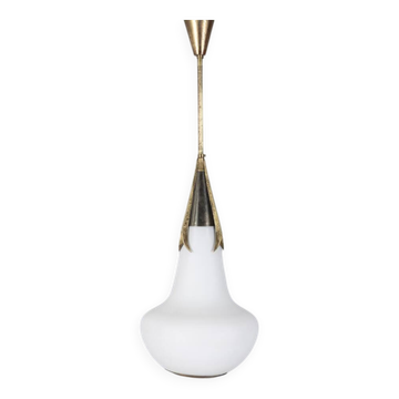 Vintage 1960s brass and opaline glass chandelier, designed by Stilnovo