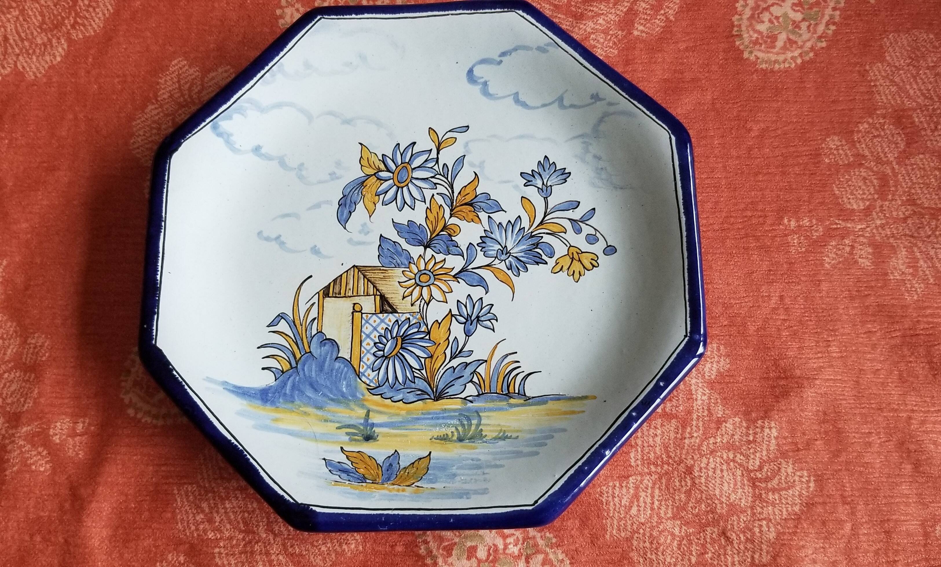 Octagonal earthenware platter from Nevers