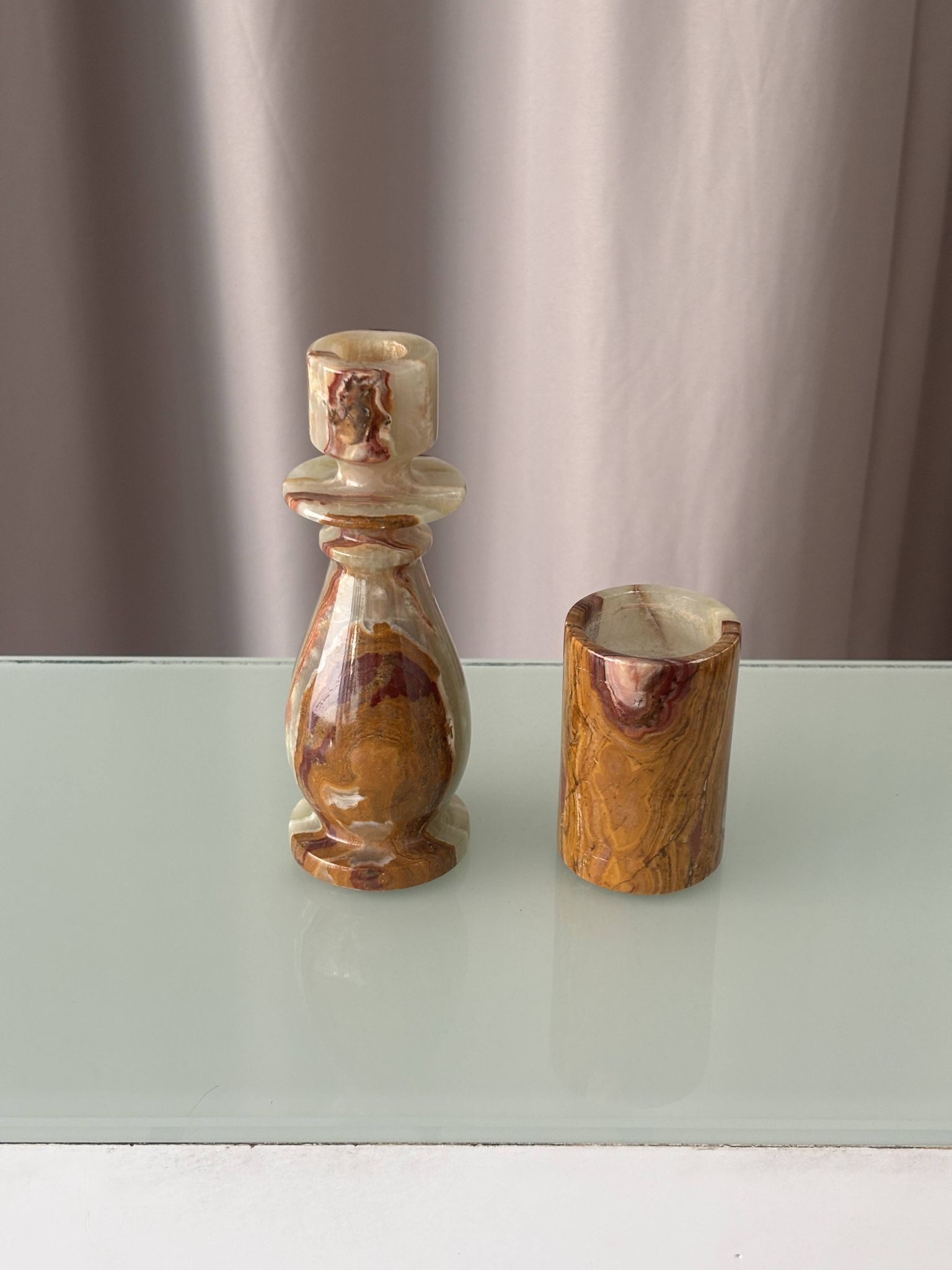 Vintage Hand-Carved Green Onyx Candlestick & Tea Light Holder Set