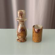 Vintage Hand-Carved Green Onyx Candlestick & Tea Light Holder Set