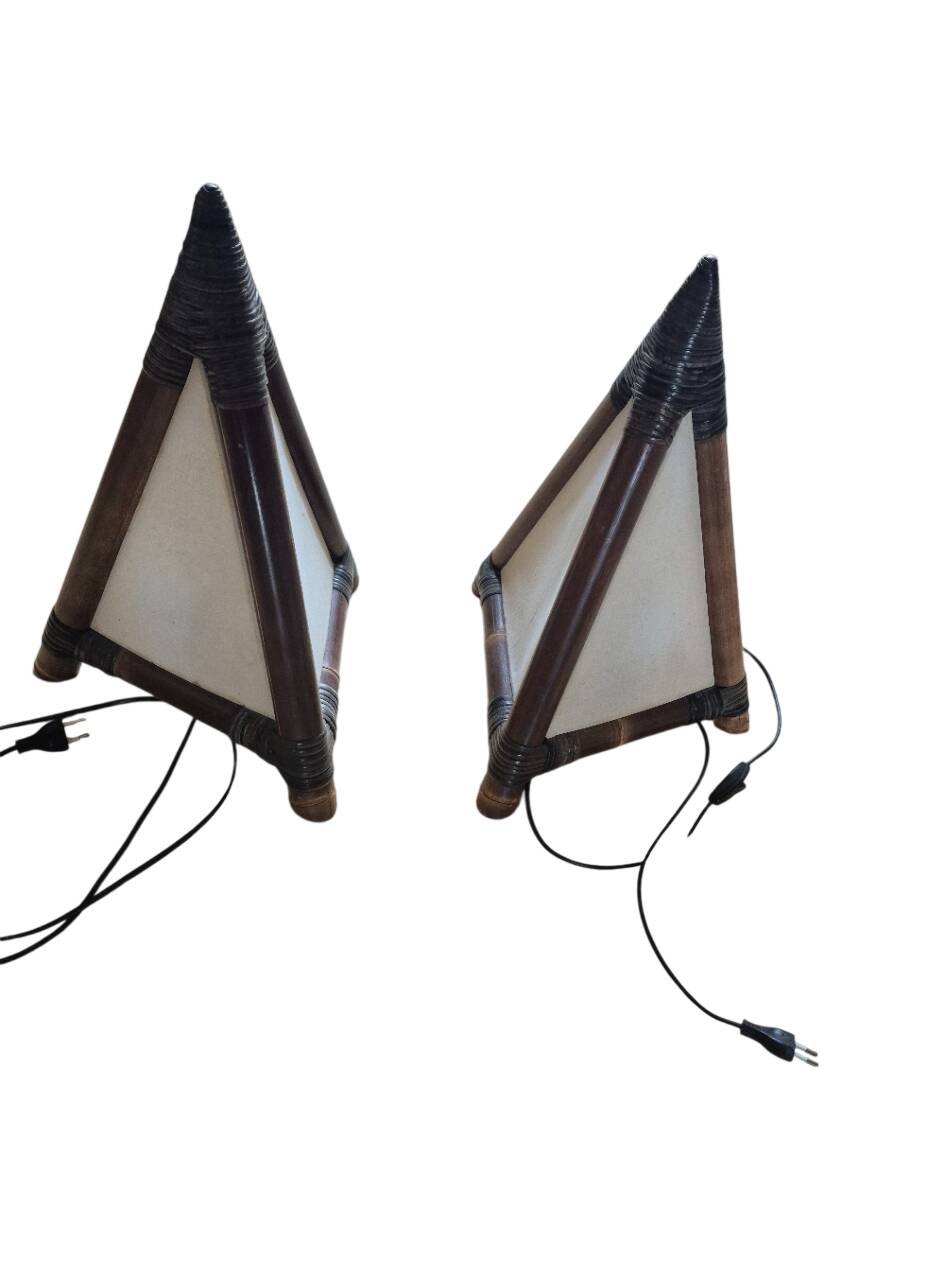 pairs of pyramid lamps in bamboo and fabric from 1960/1980