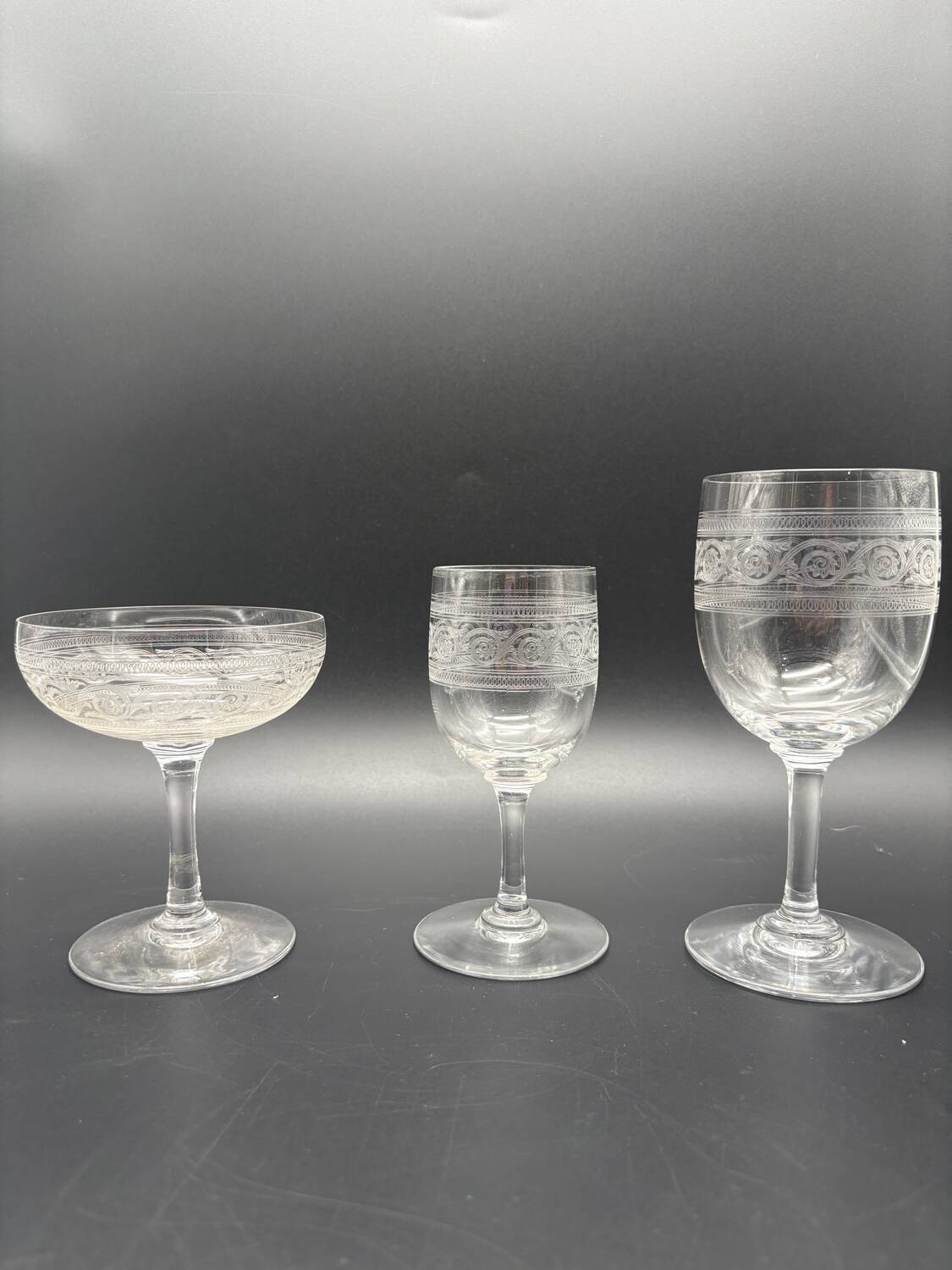 Baccarat crystal glassware and decanter set, Athenian engraving