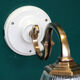 Pair of brass gooseneck wall sconces and glass globe vintage porcelain rosette