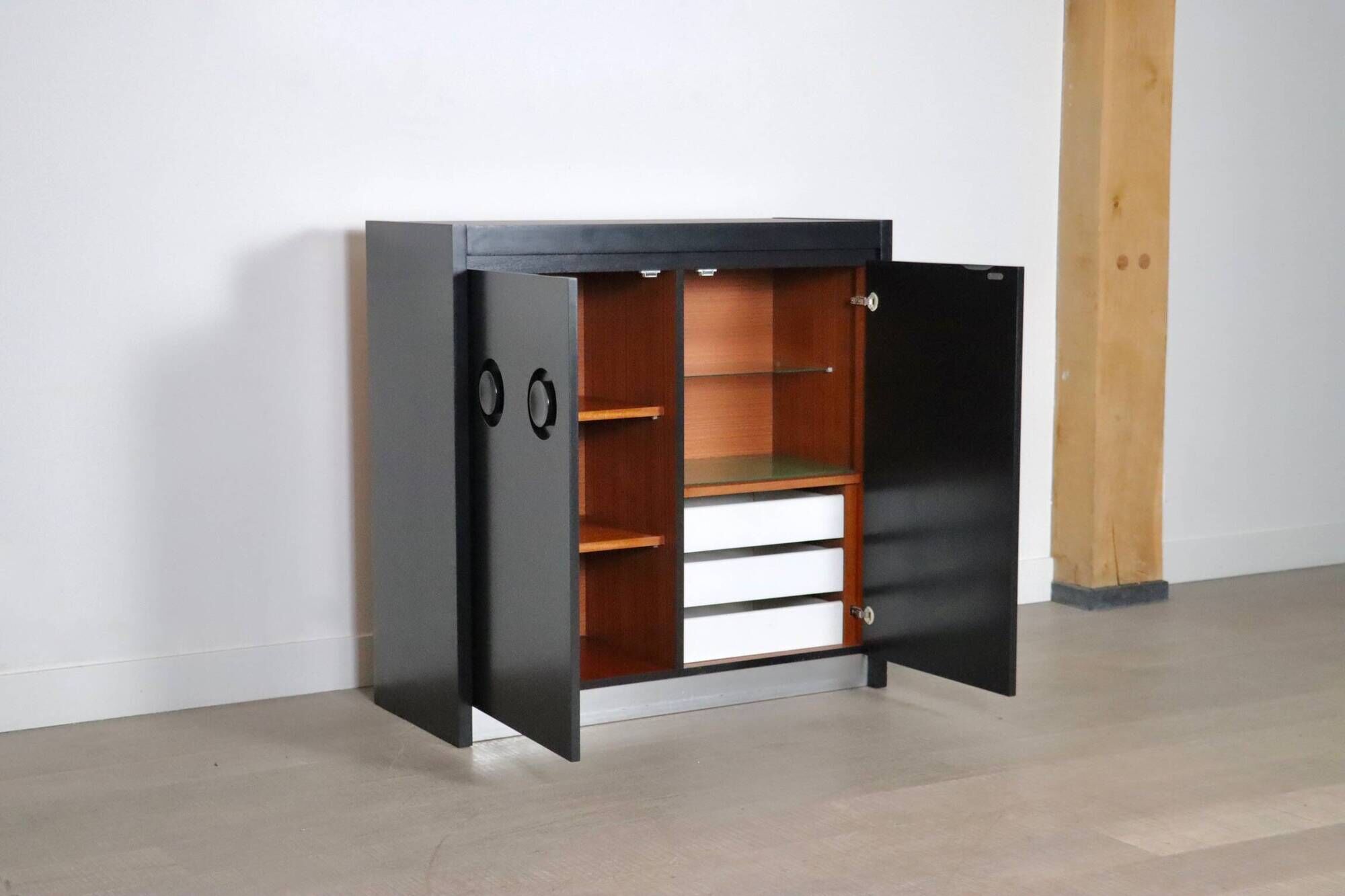 Midcentury Modern Brutalist Highboard Bar Cabinet In Black Lacquered Wood And Chrome, Belgium 1970s