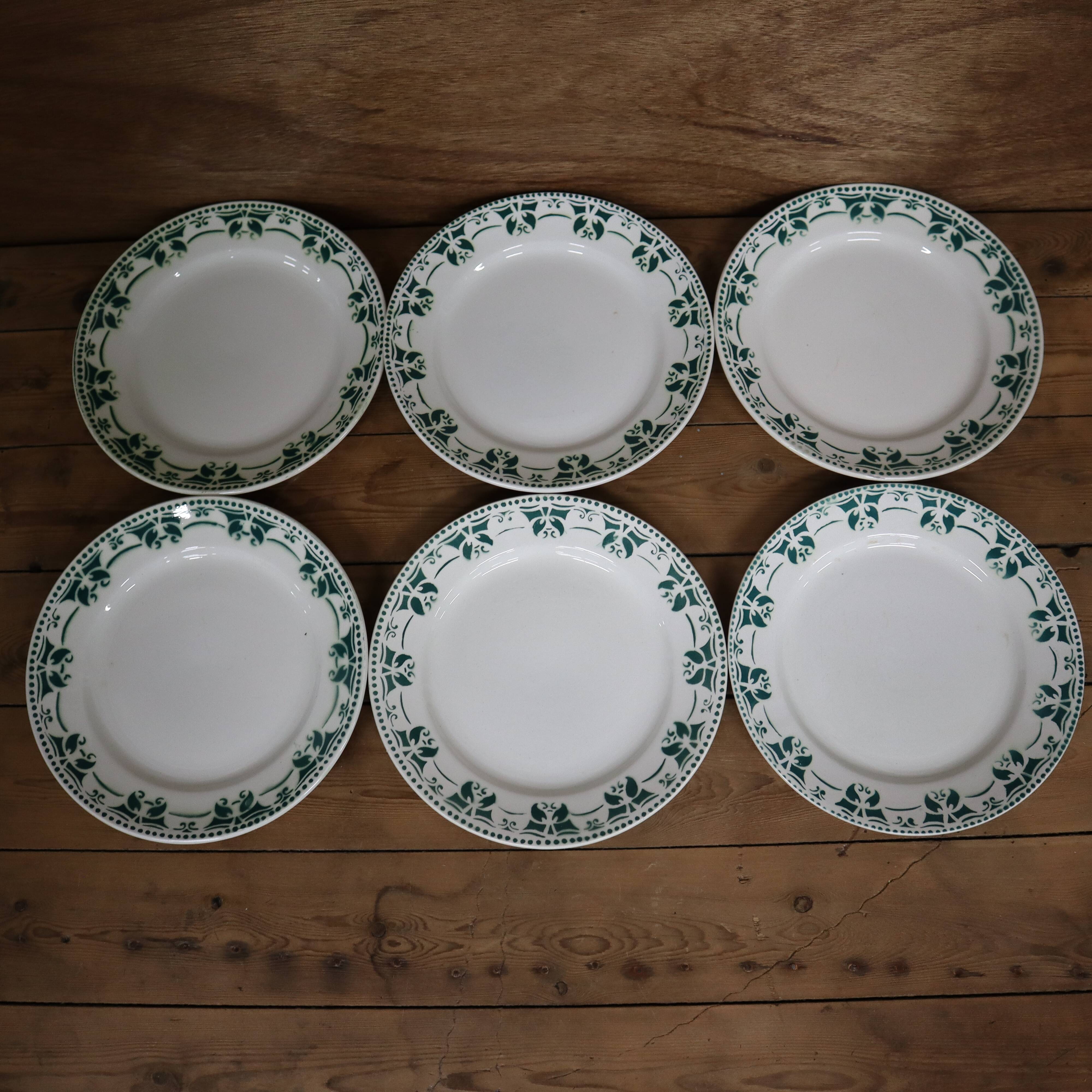 6 flat plates in white and green earthenware Saint Amand Terre de Fer