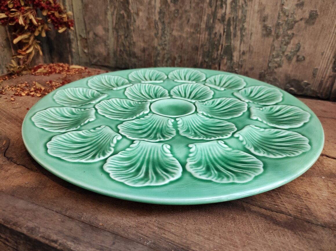 Vintage French Oyster Tray in turquoise Majolica
