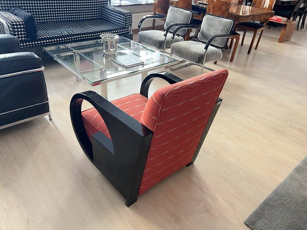 Art Deco Club Chair, Black Lacquer and Red Fabric, France circa 1930