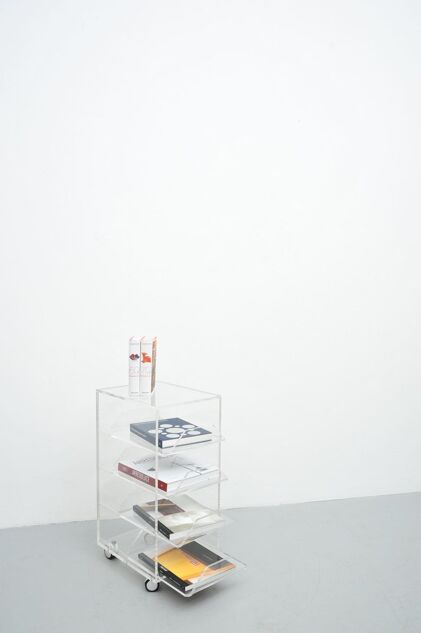 Acrylic rolling table with four drawers, Spage Age 1970s
