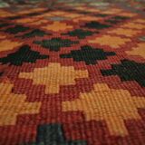 Deep Red Afghan Kilim Rug, Large Geometric Wool Handmade Carpet 200x337 cm