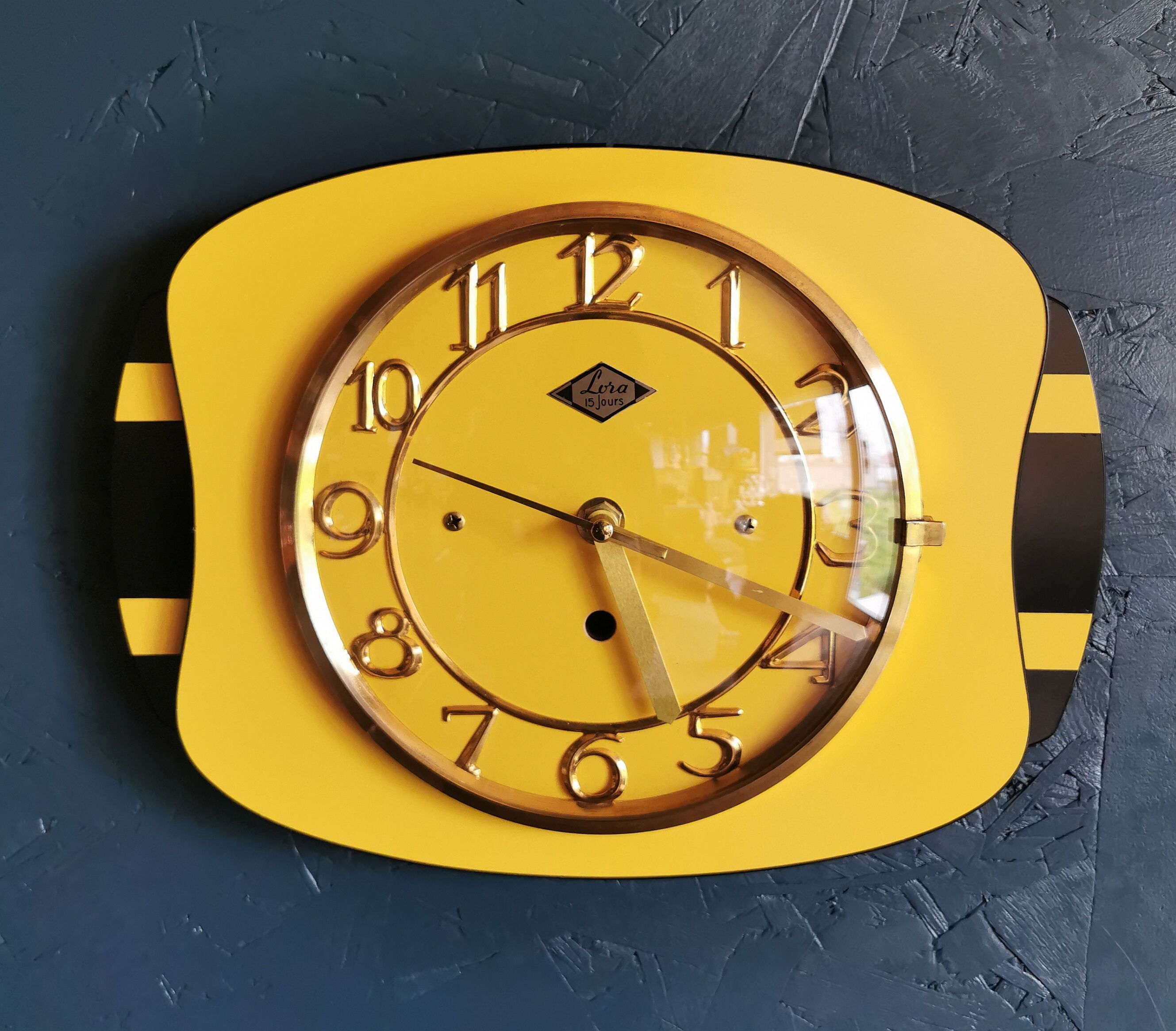 Vintage formica clock rectangular silent wall clock "Lora yellow black"