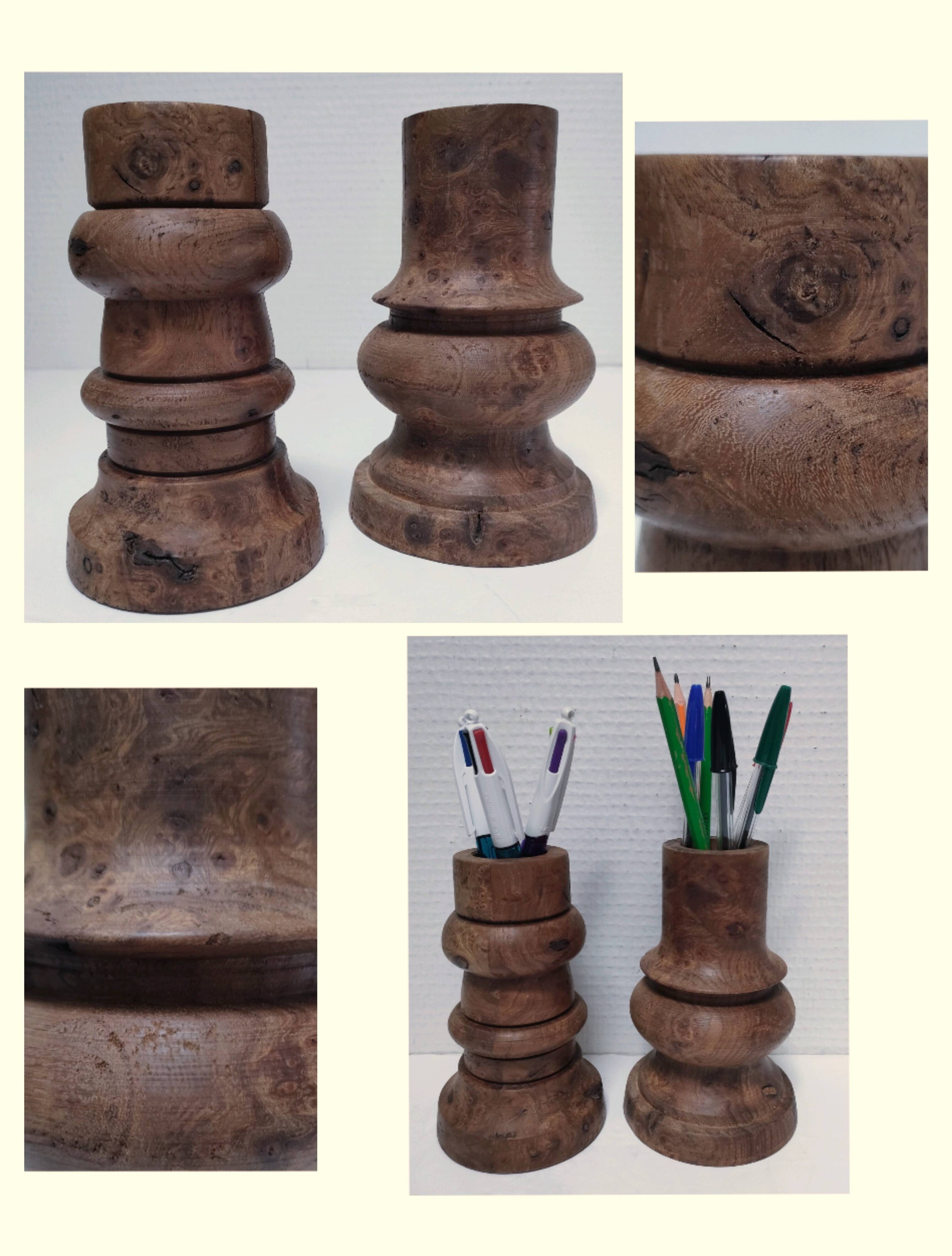 Two vintage turned wood pen and pencil pots
