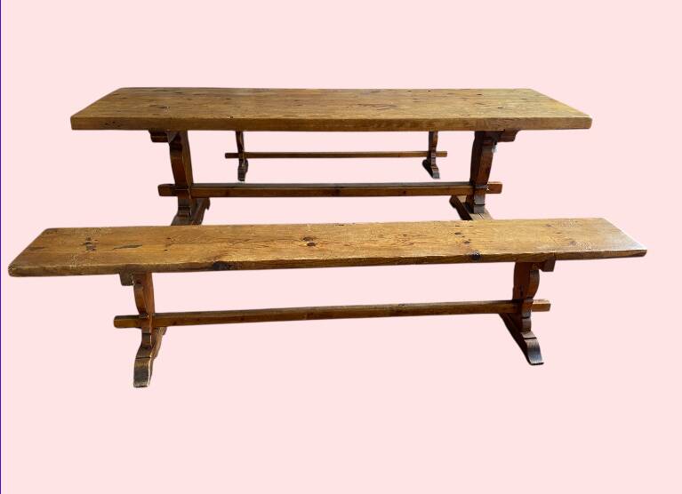 Oak monastery table with 2 original benches