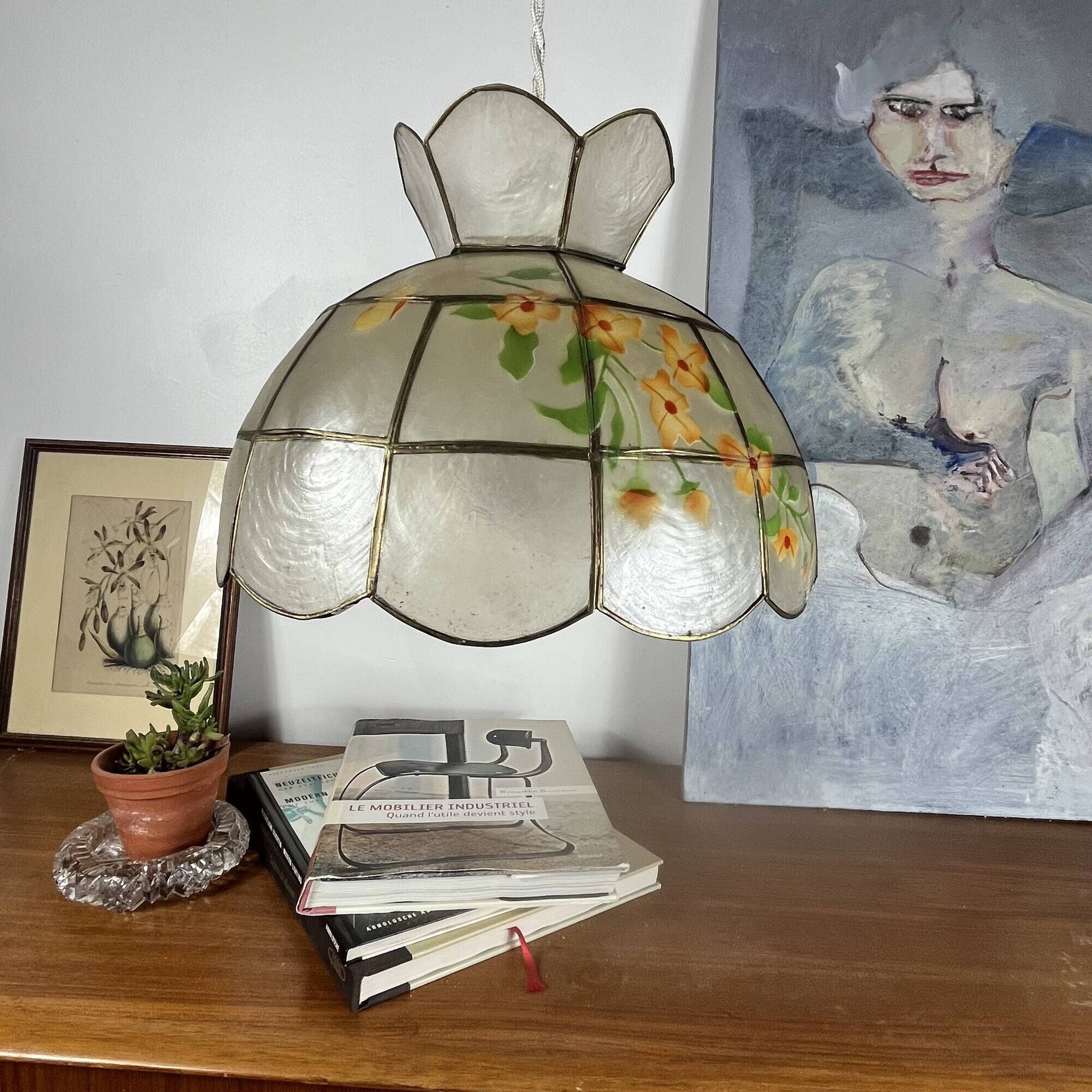 Capiz shell pendant light with flowers