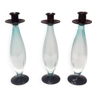 Postmodern set of three aquamarine and brown murano glass candleholders, italy