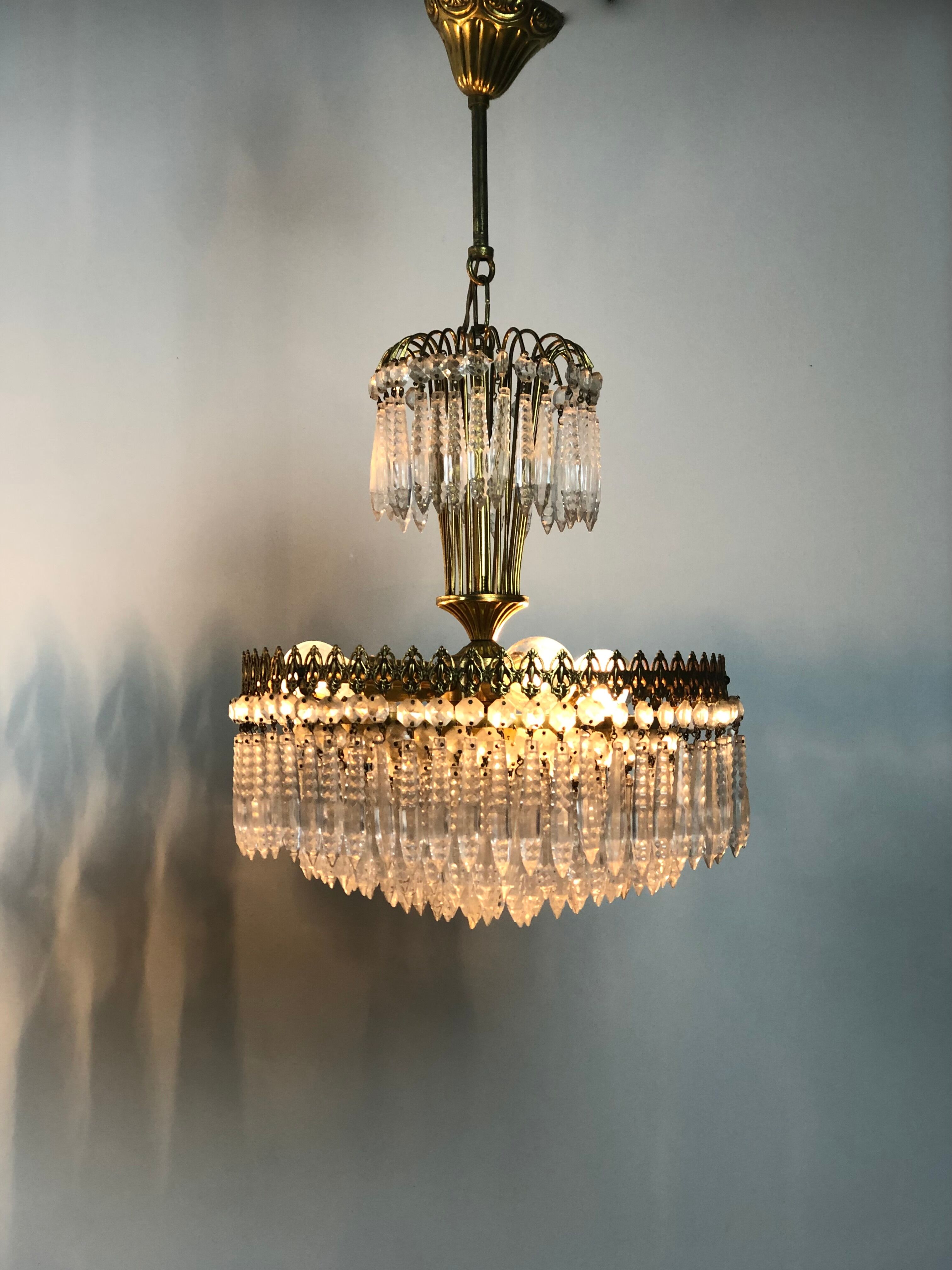 Golden brass crown chandelier and crystal taste buds 3 fires 1970