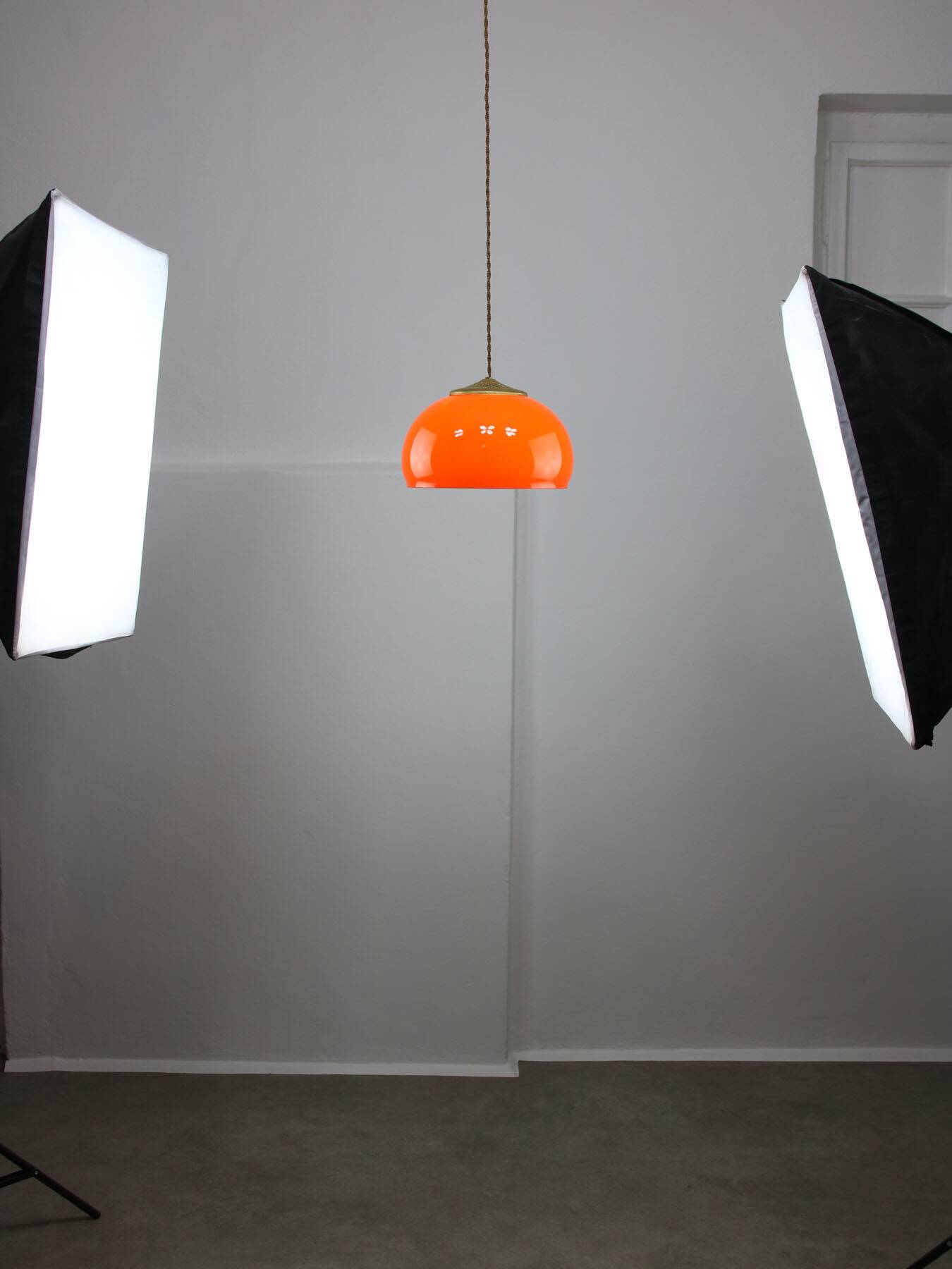 Mid-Century Italian Orange Glass and Brass Pendant Lamp