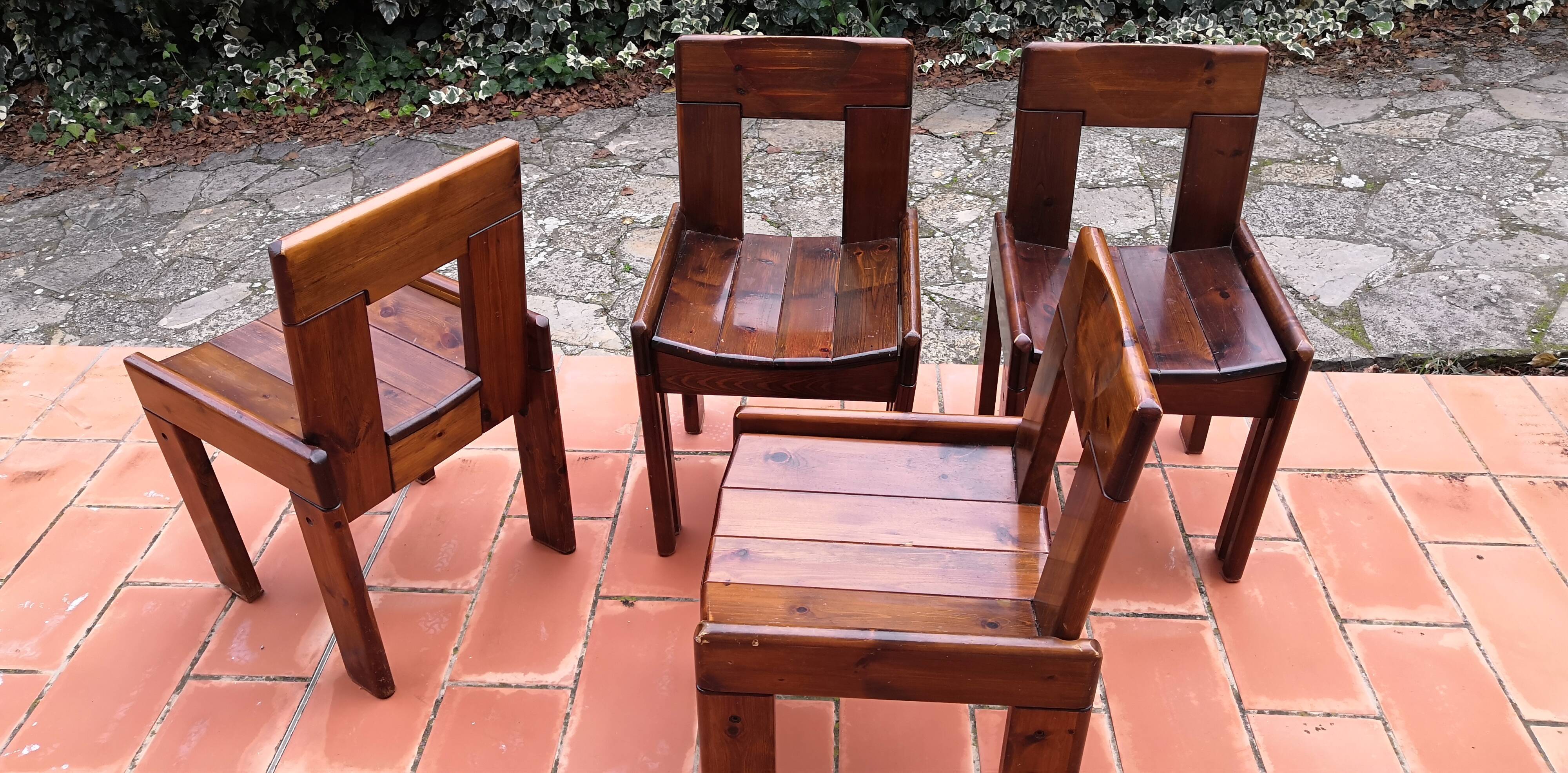 Brutalist Solid Pine Chairs Set of 4, 70s