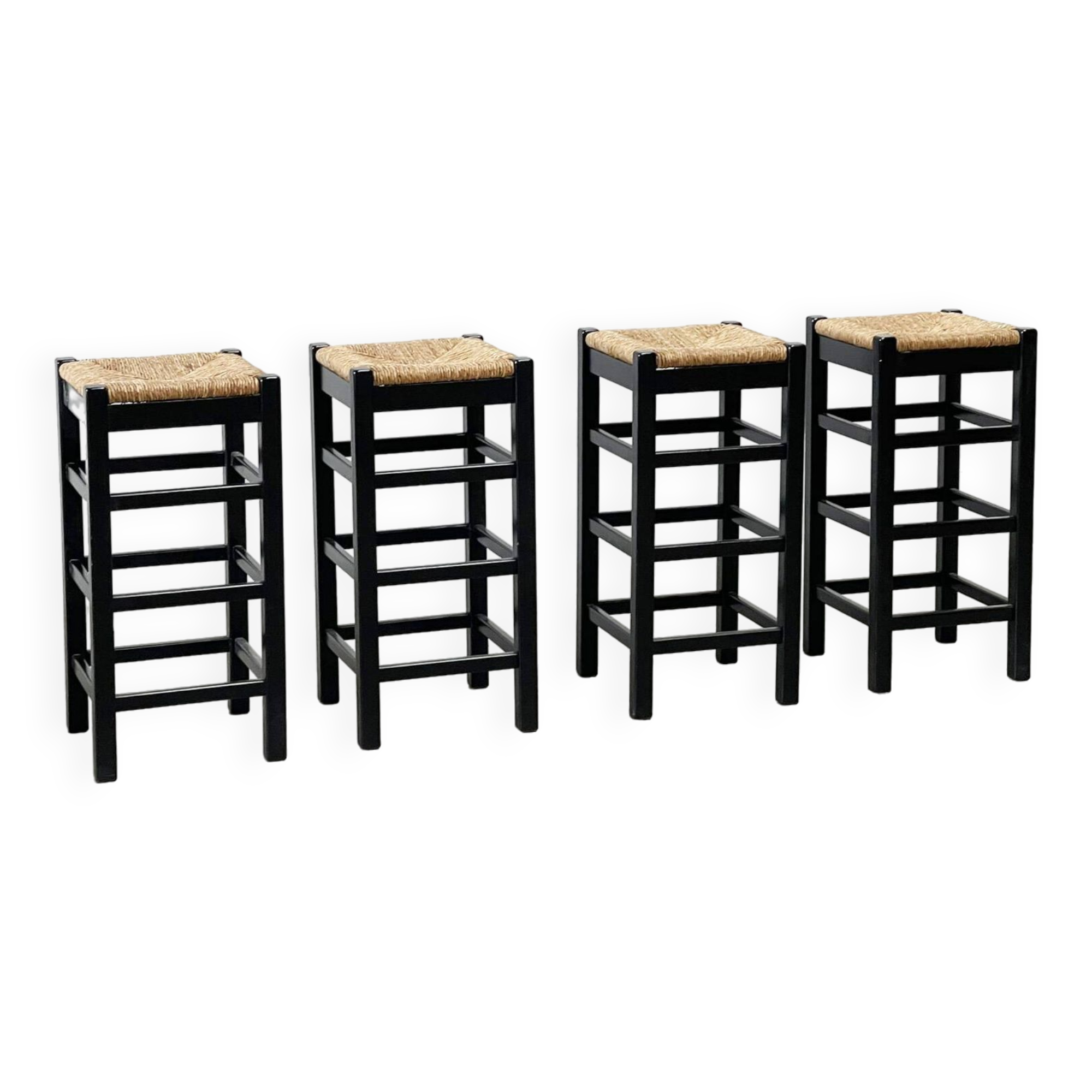 set of four rattan and wood barstools