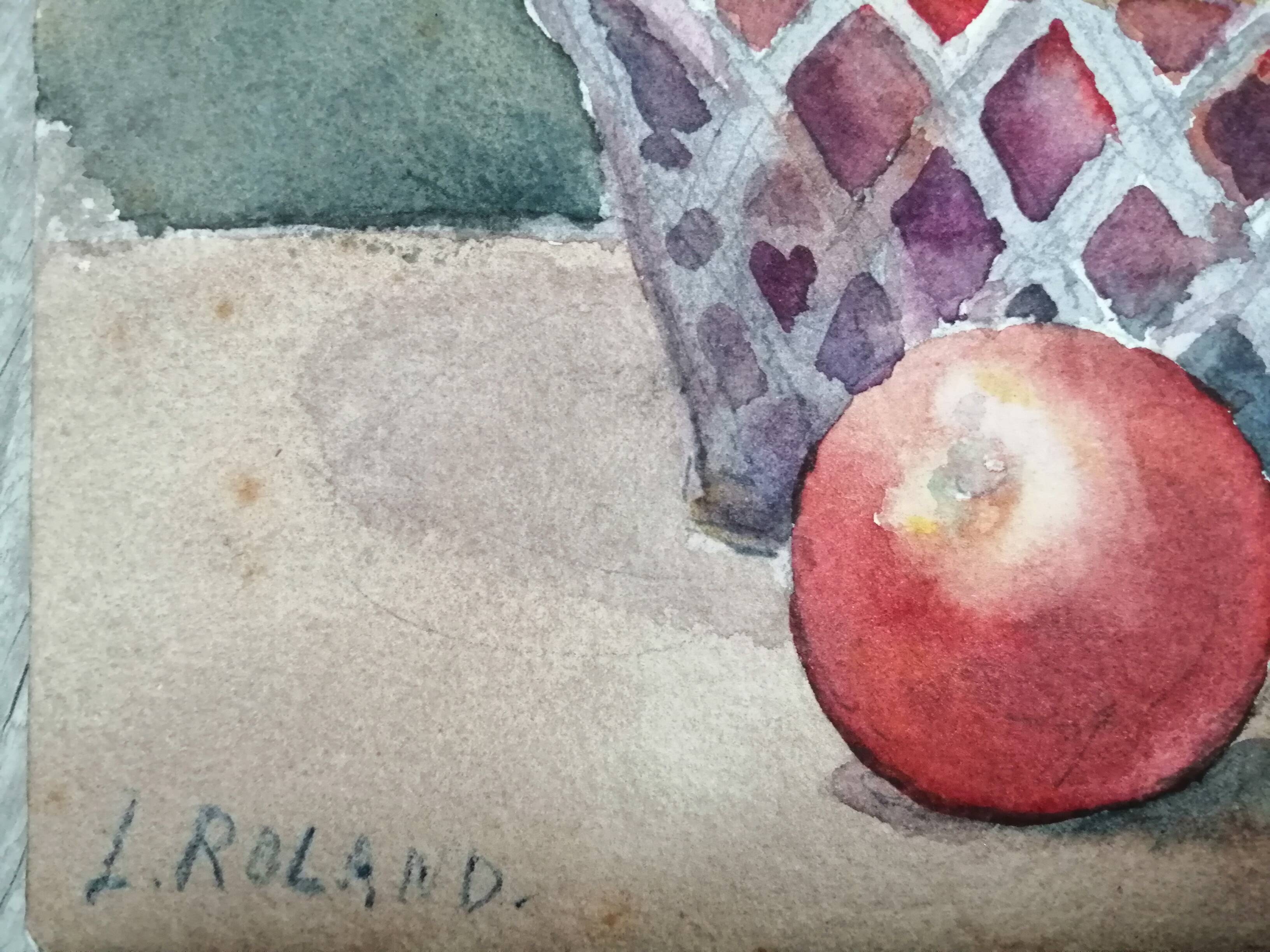 Still life "wines and fruits" Watercolor signed L.Roland