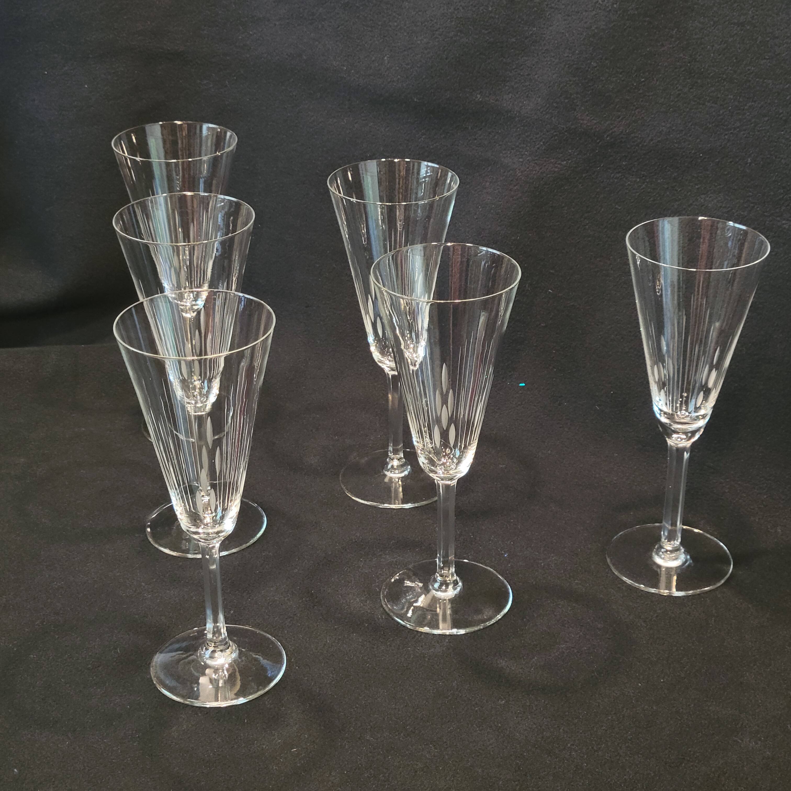 6 old cut crystal champagne flutes