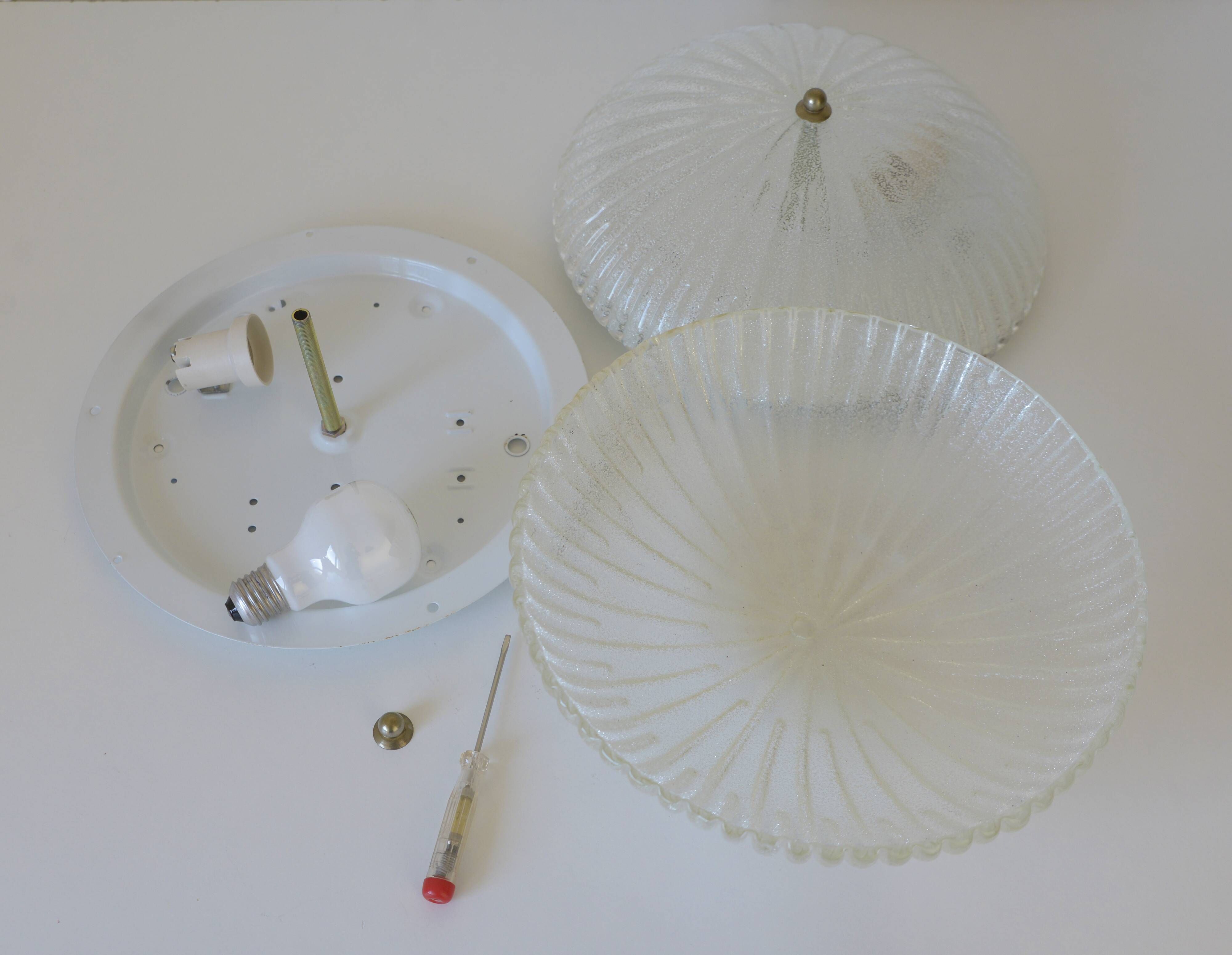 Set of 2 vintage hand blown ice glass wall sconces / pair of flush mount ceiling lights